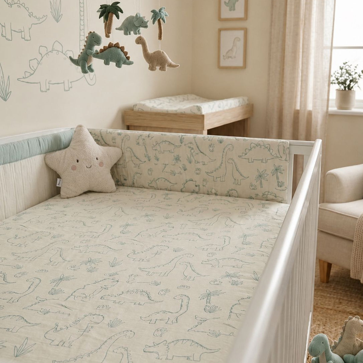 Mint Dino Dreams Fitted Bedsheet & Pillowcase Set