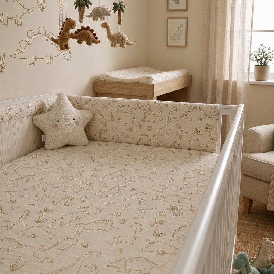 Beige Dino Dreams Fitted Bedsheet & Pillowcase Set