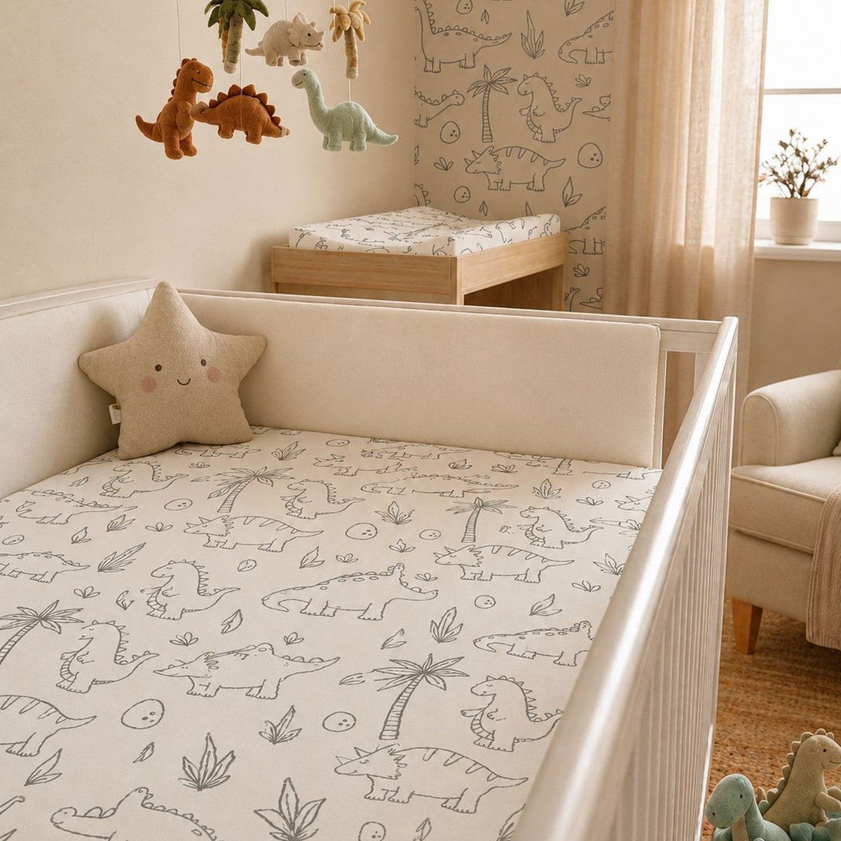 Silver Dino Dreams Fitted Bedsheet & Pillowcase Set