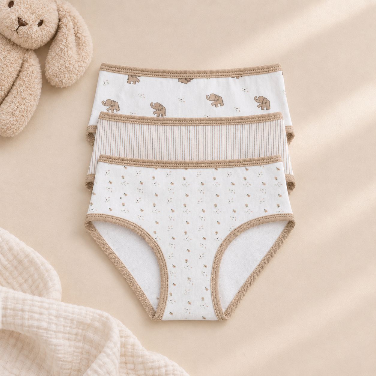 Girls' Beige Printed Briefs – Pack of 3