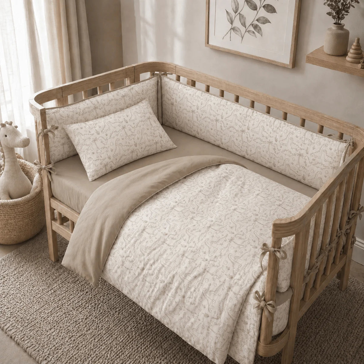 Beige Dino Dreams Ultimate Baby Crib Set – 16 Pieces