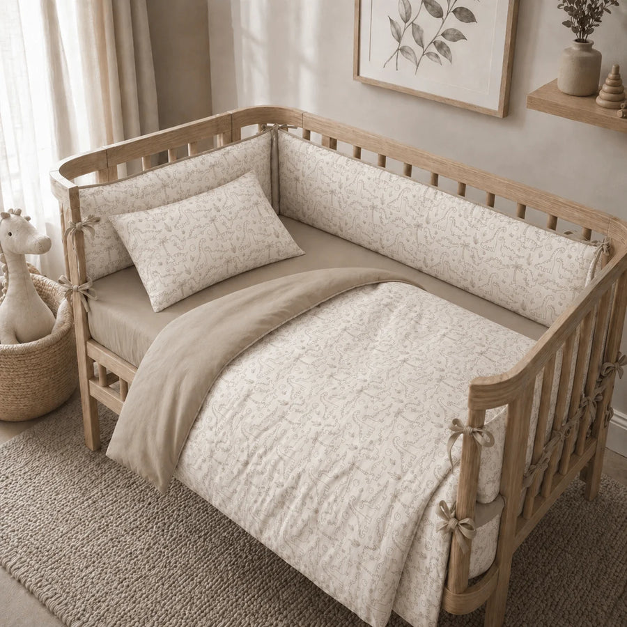 Beige Dino Dreams Ultimate Baby Crib Set – 16 Pieces